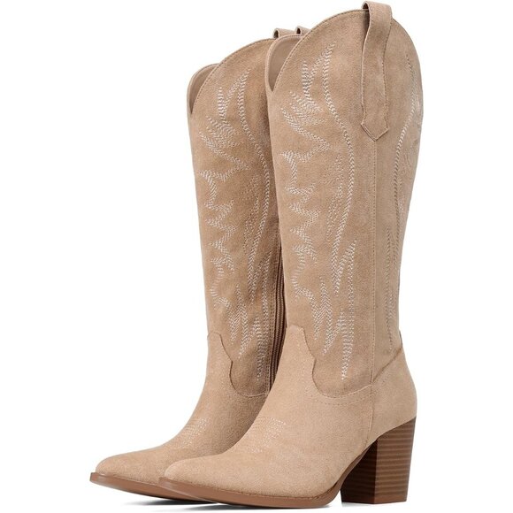Shoes - Women's Apricot Wide Calf Cowgirl Western Embroidery Chunky High Heel Boots